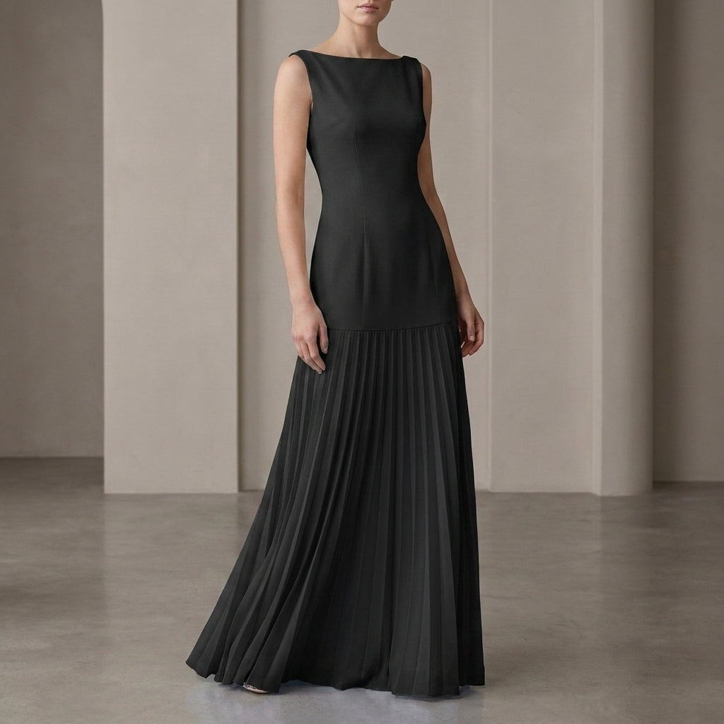 Pleated Boat Neck Maxi Dress for Women – Elegant Evening Style