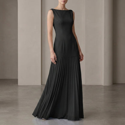Pleated Boat Neck Maxi Dress for Women – Elegant Evening Style