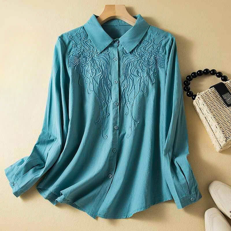 Embroidered Button-Up Shirt for Women – Breathable Comfort & Relaxed Style