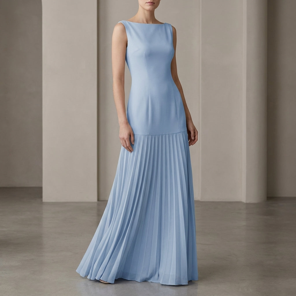 Pleated Boat Neck Maxi Dress for Women – Elegant Evening Style