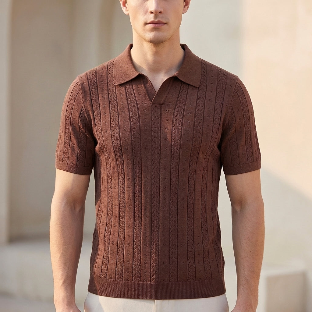 Openwork Knit V-Neck Polo Shirt for Men – Textured Smart-Casual Style