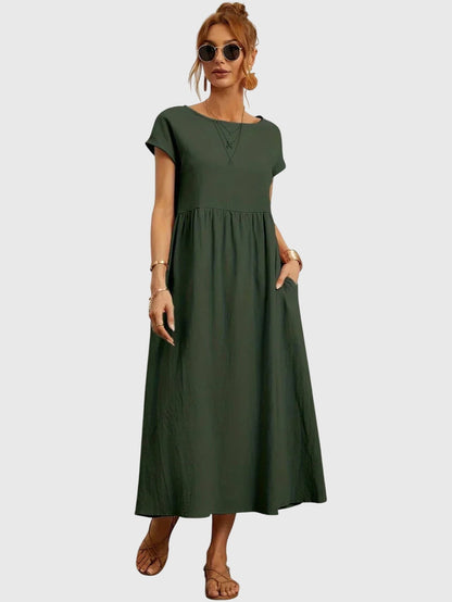 Boat Neck Short Sleeve Maxi Dress for Women – Relaxed Fit & Pockets