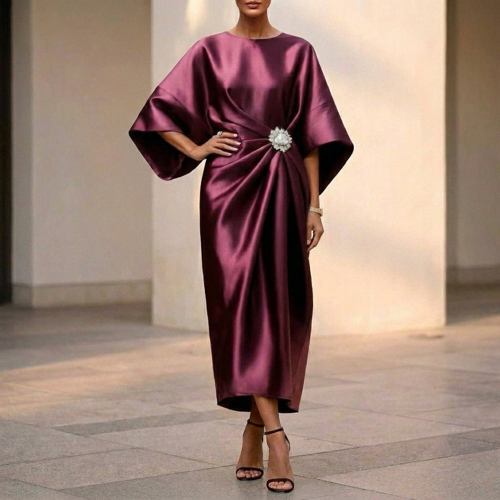 Draped Side-Slit Long Dress for Women – Elegant & Flattering