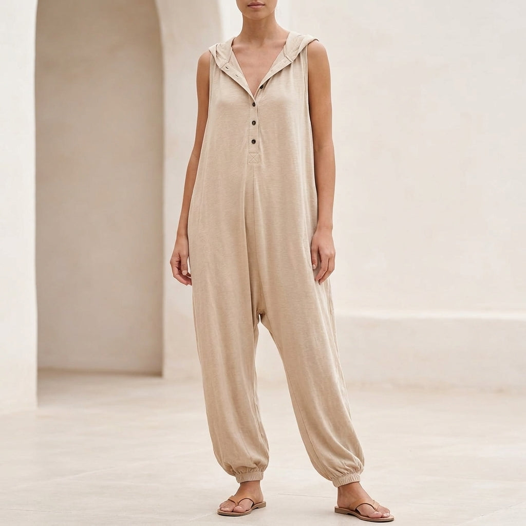 Hooded Button-Front Jumpsuit for Women – Relaxed & Breathable Comfort