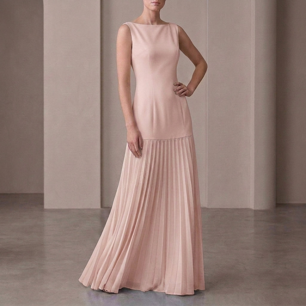 Pleated Boat Neck Maxi Dress for Women – Elegant Evening Style