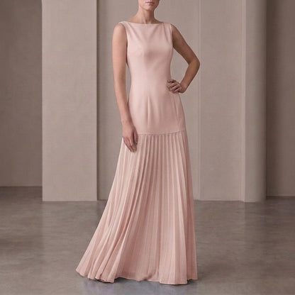 Pleated Boat Neck Maxi Dress for Women – Elegant Evening Style