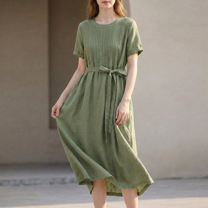 Pleated Belted Midi Dress for Women – Flattering & Breathable Comfort