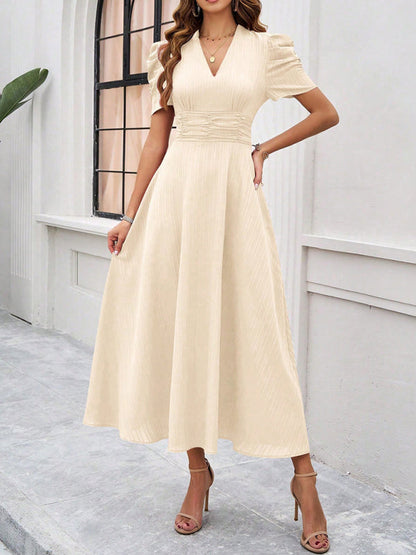 Dress woman midi – V-neck – Puff sleeves – Ruched waist – A-line fit