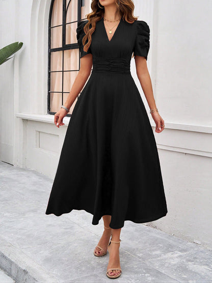 Dress woman midi – V-neck – Puff sleeves – Ruched waist – A-line fit