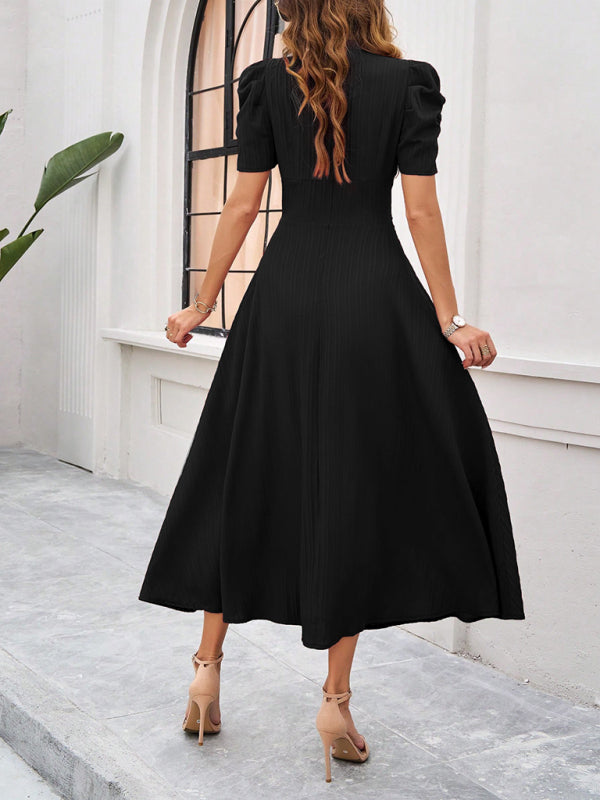 Dress woman midi – V-neck – Puff sleeves – Ruched waist – A-line fit