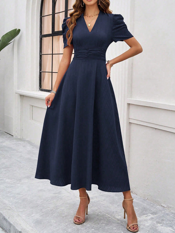 Dress woman midi – V-neck – Puff sleeves – Ruched waist – A-line fit