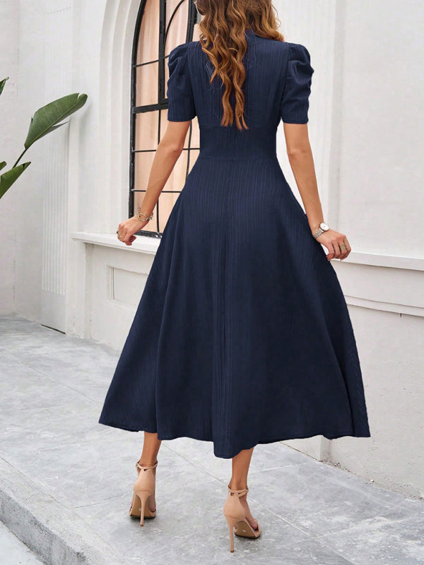 Dress woman midi – V-neck – Puff sleeves – Ruched waist – A-line fit