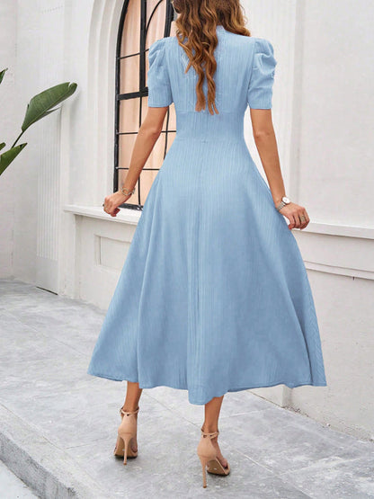 Dress woman midi – V-neck – Puff sleeves – Ruched waist – A-line fit