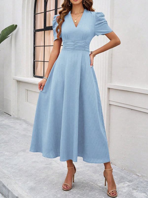 Dress woman midi – V-neck – Puff sleeves – Ruched waist – A-line fit