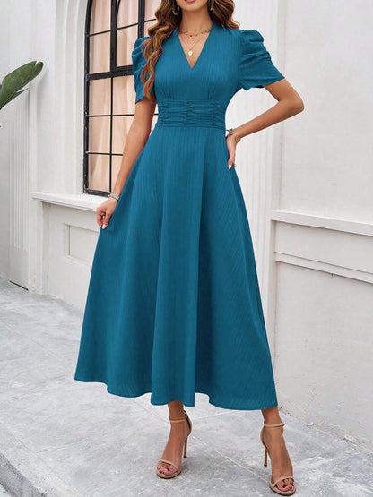Dress woman midi – V-neck – Puff sleeves – Ruched waist – A-line fit