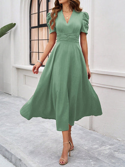 Dress woman midi – V-neck – Puff sleeves – Ruched waist – A-line fit