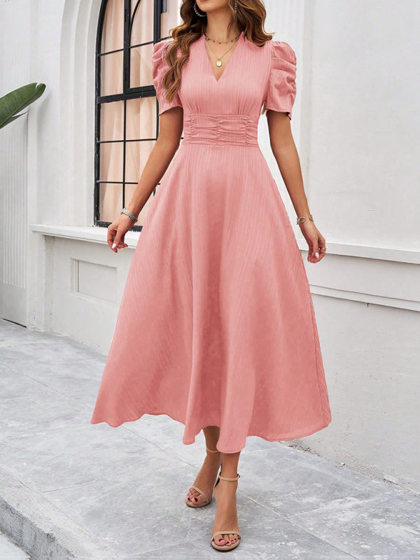 Dress woman midi – V-neck – Puff sleeves – Ruched waist – A-line fit