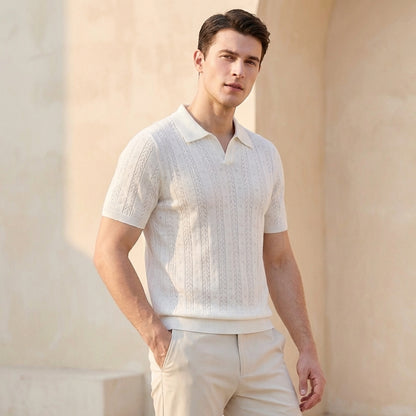 Openwork Knit V-Neck Polo Shirt for Men – Textured Smart-Casual Style