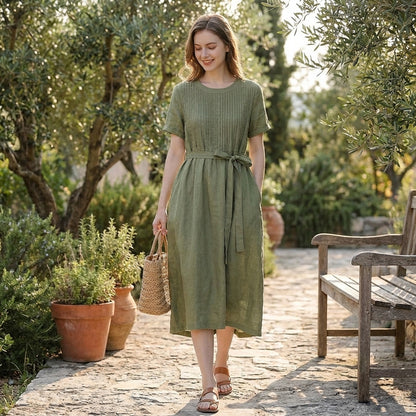 Pleated Belted Midi Dress for Women – Flattering & Breathable Comfort