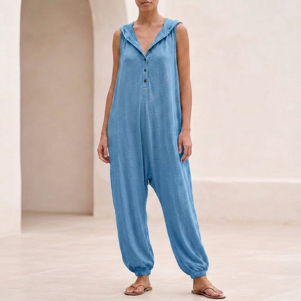 Hooded Button-Front Jumpsuit for Women – Relaxed & Breathable Comfort