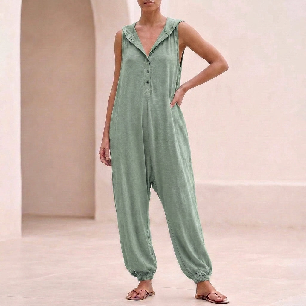 Hooded Button-Front Jumpsuit for Women – Relaxed & Breathable Comfort
