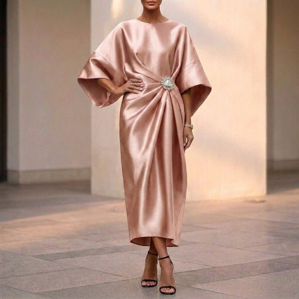 Draped Side-Slit Long Dress for Women – Elegant & Flattering