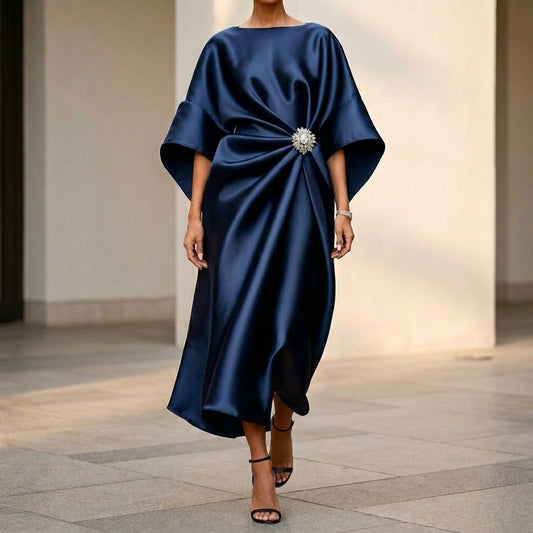 Draped Side-Slit Long Dress for Women – Elegant & Flattering