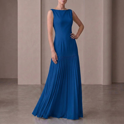 Pleated Boat Neck Maxi Dress for Women – Elegant Evening Style