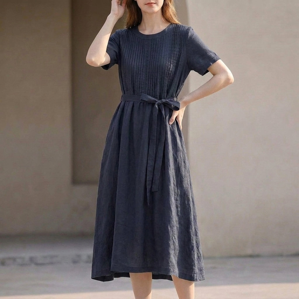 Pleated Belted Midi Dress for Women – Flattering & Breathable Comfort