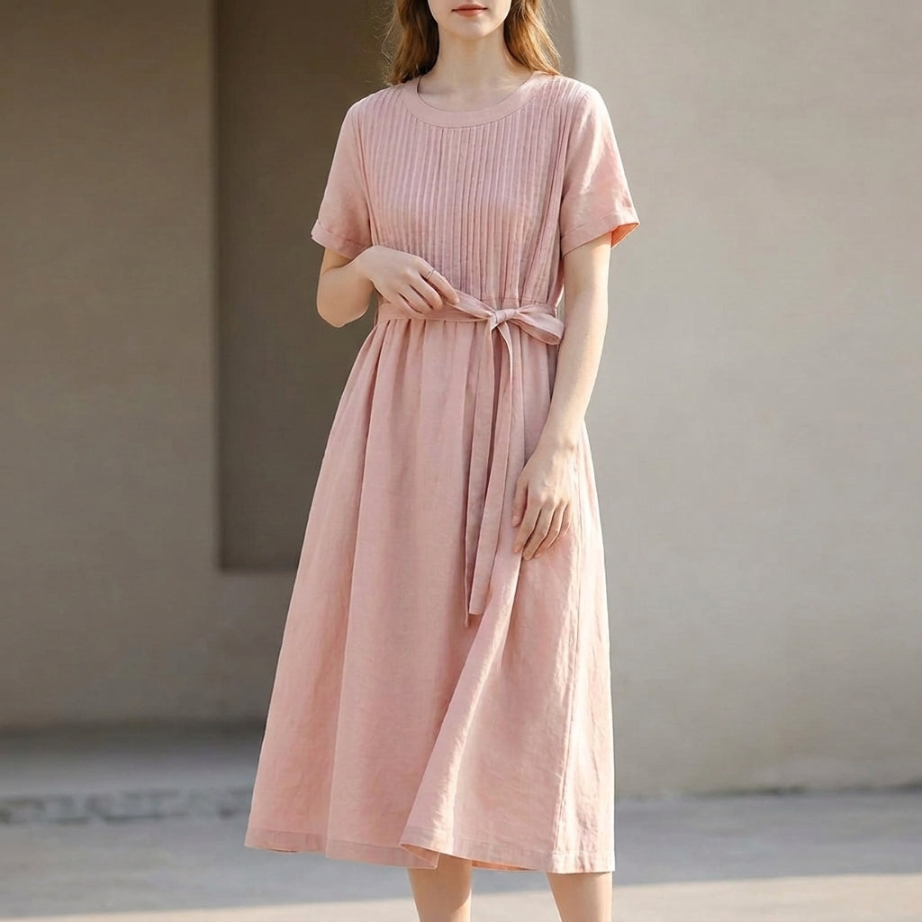 Pleated Belted Midi Dress for Women – Flattering & Breathable Comfort