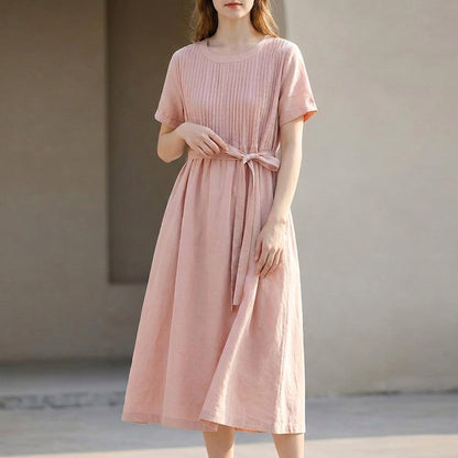 Pleated Belted Midi Dress for Women – Flattering & Breathable Comfort
