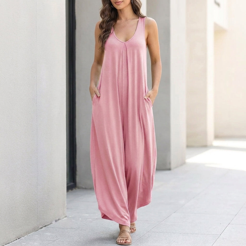 Wide-Leg Handkerchief Hem Jumpsuit for Women – Relaxed Fit & Pockets