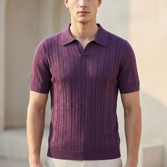 Openwork Knit V-Neck Polo Shirt for Men – Textured Smart-Casual Style