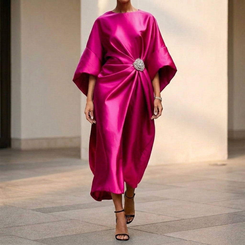 Draped Side-Slit Long Dress for Women – Elegant & Flattering