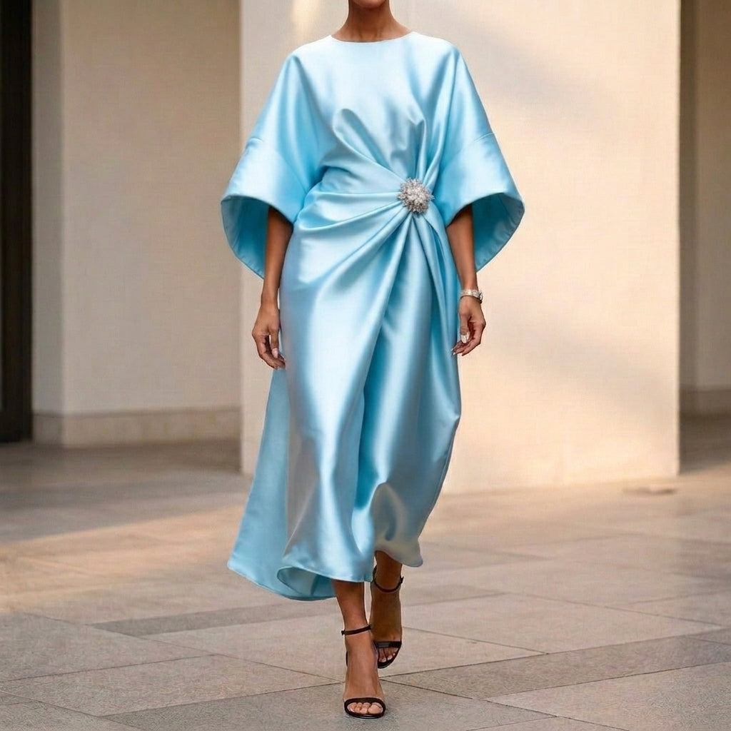 Draped Side-Slit Long Dress for Women – Elegant & Flattering