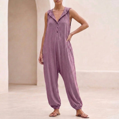 Hooded Button-Front Jumpsuit for Women – Relaxed & Breathable Comfort