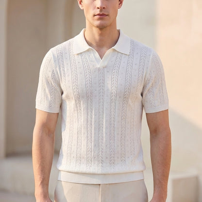 Openwork Knit V-Neck Polo Shirt for Men – Textured Smart-Casual Style