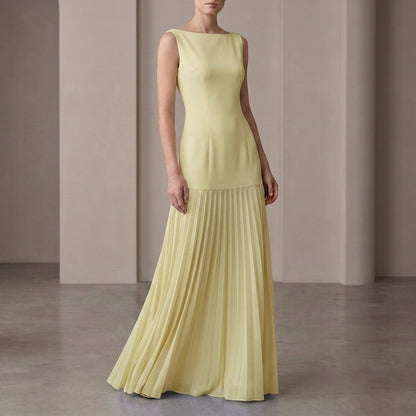 Pleated Boat Neck Maxi Dress for Women – Elegant Evening Style